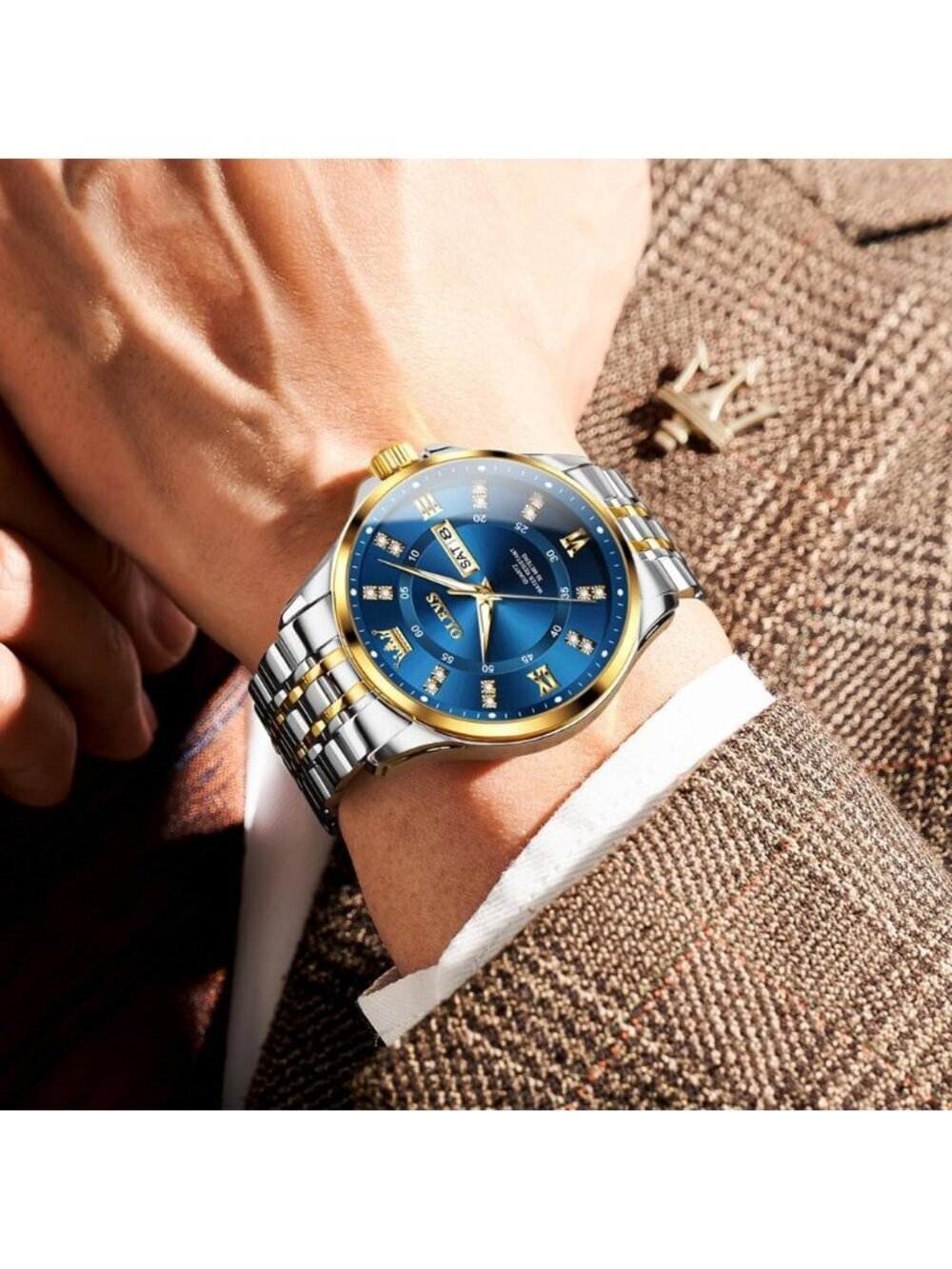 Men's Silver Blue Face Diamond Stainless Waterproof Luminous Analog Luxury Watch - Picture 3 of 6